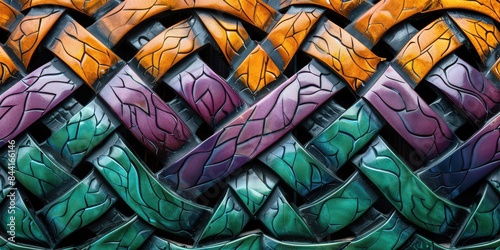 Intricate multicolor woven pattern with leaf designs showcasing vivid orange, purple, and green hues in a complex and artistic interlace photo