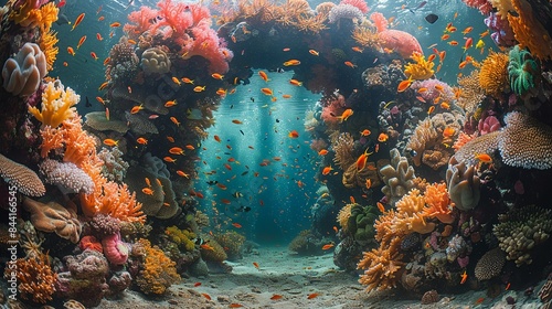 An enchanting underwater kingdom with a large coral archway, adorned with various species of colorful corals and surrounded by schools of shimmering, multicolored fish. Dramatic Photo Style, photo