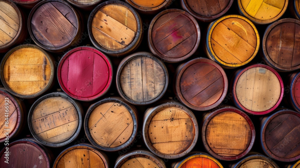 Wine and beer barrels arranged in a pattern, perfect for beverage concepts