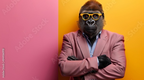 Stylish gorilla in a pink suit with yellow sunglasses, standing against a vibrant pink and yellow background, showcasing unique fashion. © tinnakorn