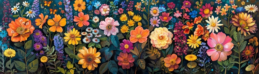 Vibrant garden bursting with diverse flowers in full bloom, showcasing rich colors and intricate patterns in a meadow setting.