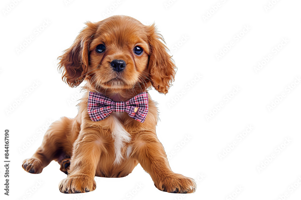 A playful puppy with a bow tie, isolated on white background, looking stylish and charming, perfect for celebrations or special occasions A playful puppy with a bow tie, isolated on white background, looking stylish and charming, perfect for celebrations or special occasions