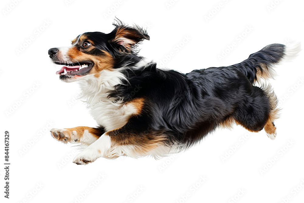 Isolated on white background, a cute dog with a joyful leap, mid-air, capturing the essence of playful exuberance and excitement Isolated on white background, a cute dog with a joyful leap, mid-air, capturing the essence of playful exuberance and excitement