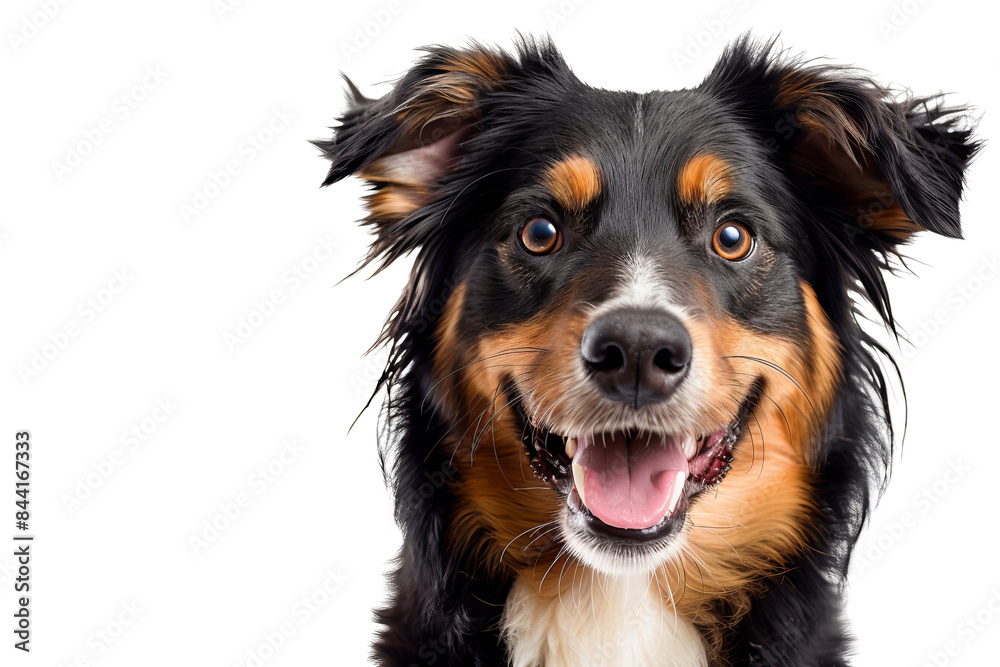 A playful dog with a big smile, isolated on white background, looking directly at the camera, exuding friendliness and joy A playful dog with a big smile, isolated on white background, looking directly at the camera, exuding friendliness and joy
