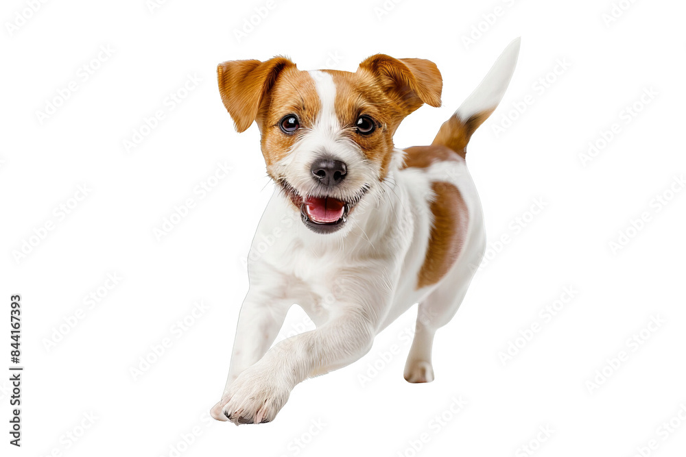 Isolated on white background, a cute dog playfully wagging its tail, with a joyful expression, capturing the essence of happiness and companionship Isolated on white background, a cute dog playfully wagging its tail, with a joyful expression, capturing the essence of happiness and companionship