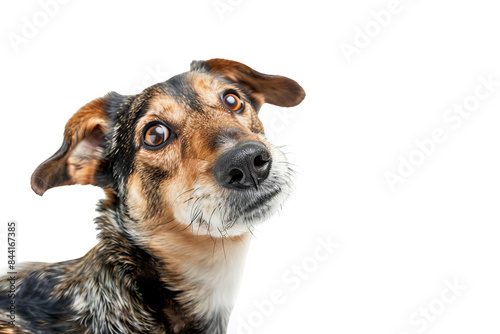 Isolated on white background, a cute dog with its head cocked to one side, looking inquisitively, capturing a moment of playful curiosity and charm