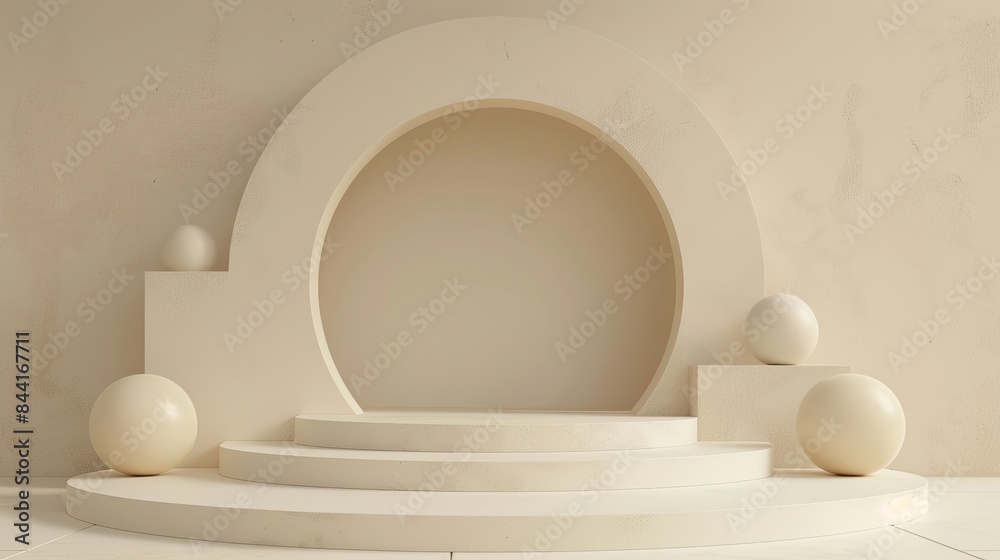 A white and tan room with a circular archway and three white balls