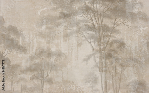 Fototapeta Naklejka Na Ścianę i Meble -  Abstract hand drawn nostalgic forest landscape art wallpaper.