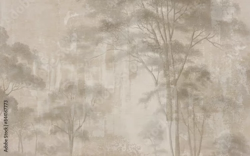 Fototapeta Abstract hand drawn nostalgic forest landscape art wallpaper.