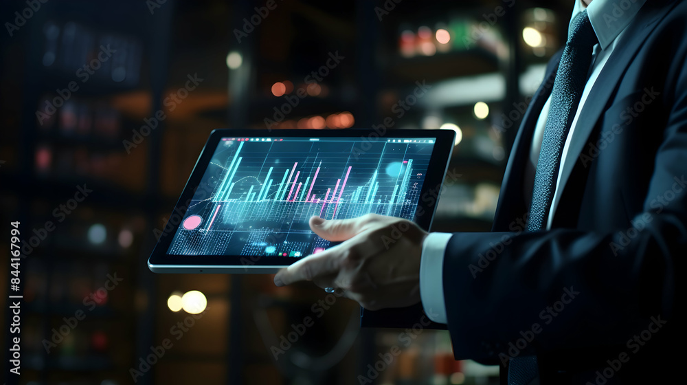 Businessman holding tablet displaying a growing virtual hologram of statistics Businessman holding tablet displaying a growing virtual hologram of statistics
