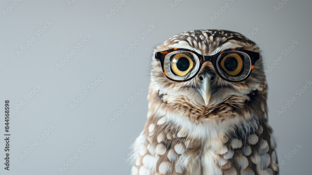 Obraz premium A wise owl wearing round glasses stares directly at the camera with a serious expression.