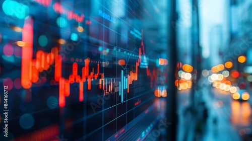 A close-up of a stock market graph displayed on a screen, with a blurred cityscape in the background
