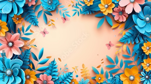 A colorful paper flower border with butterflies on a peach background.  Perfect for invitations, cards, and more.