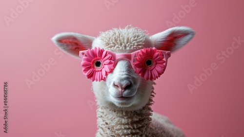 A cute lamb with pink flower-shaped glasses looking directly at the camera against a pink background. © admin_design