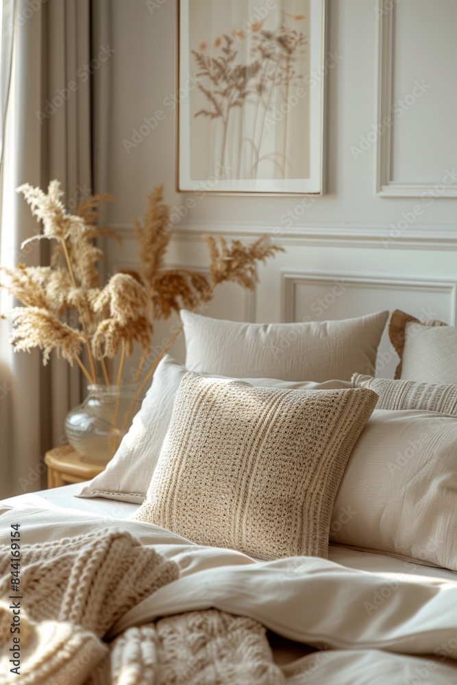Expansive panoramic shot, minimalist cooling pillow atop an elegant contemporary bed, warm ambient lighting, calming beige and grey tones Expansive panoramic shot, minimalist cooling pillow atop an elegant contemporary bed, warm ambient lighting, calming beige and grey tones