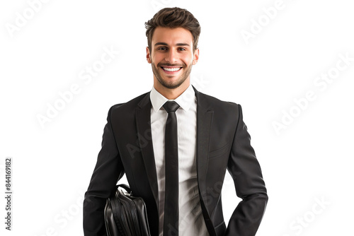 Isolated on white background, a confident businessman in a sleek black suit and tie, holding a briefcase and smiling, ready to take on the corporate world