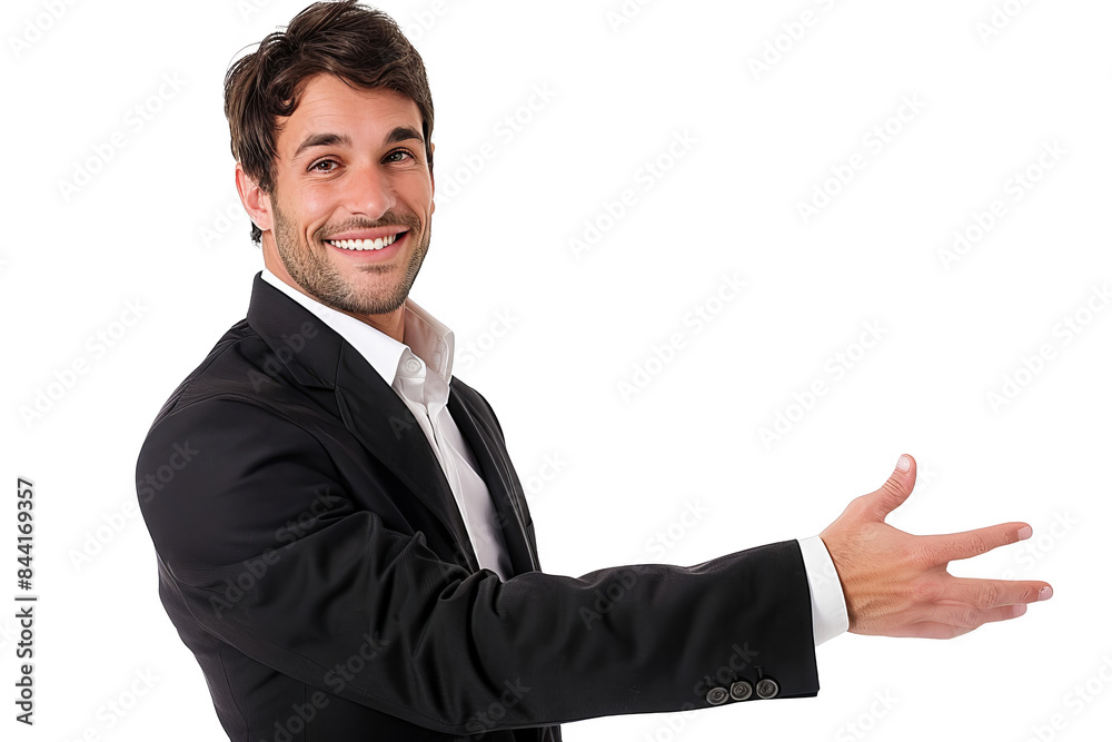 Isolated on white background, a businessman presenting with a smile, holding an open hand, ready to explain or persuade in a business setting Isolated on white background, a businessman presenting with a smile, holding an open hand, ready to explain or persuade in a business setting