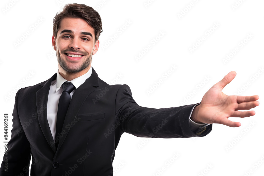 Isolated on white background, a businessman presenting with a smile, holding an open hand, ready to explain or persuade in a business setting Isolated on white background, a businessman presenting with a smile, holding an open hand, ready to explain or persuade in a business setting