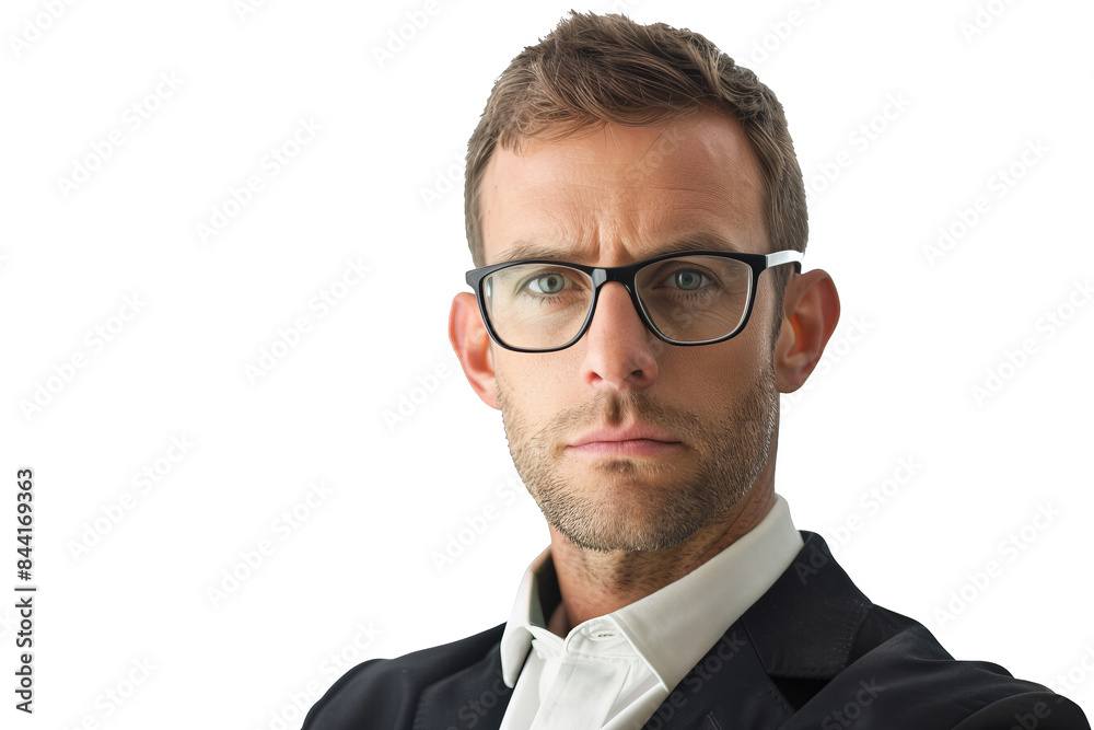 A business man with glasses and a serious expression, isolated on white background, representing focus, determination, and strategic thinking A business man with glasses and a serious expression, isolated on white background, representing focus, determination, and strategic thinking