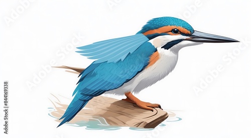 A vividly colored kingfisher, its feathers a dazzling blend of azure, orange, and green, stands out against a pure white background.
