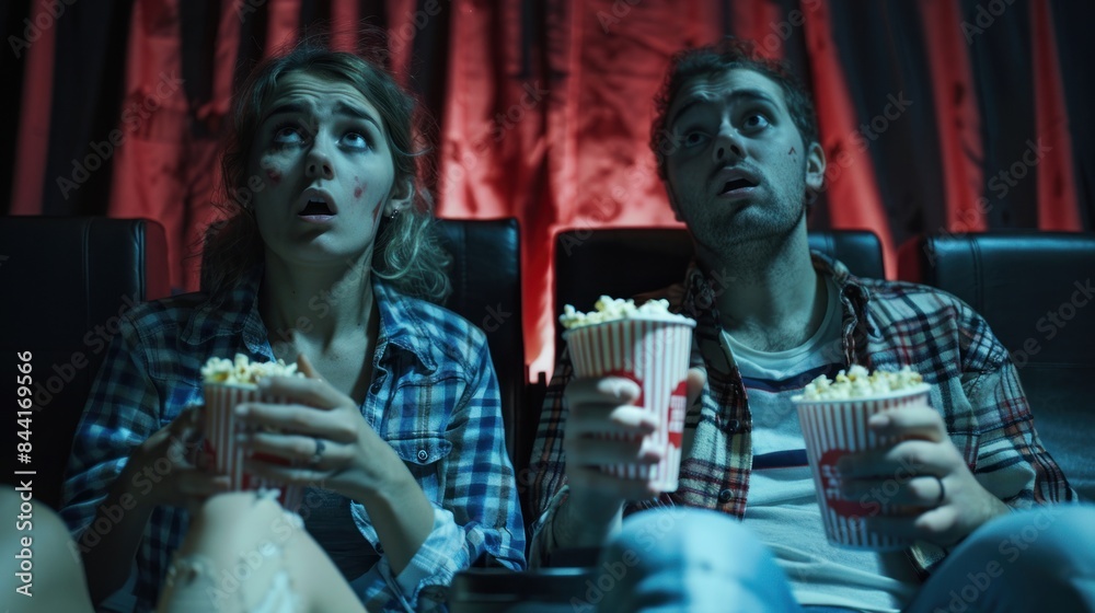 two people sitting in the cinema. They are holding bowls of popcorn .AI generated image two people sitting in the cinema. They are holding bowls of popcorn .AI generated image