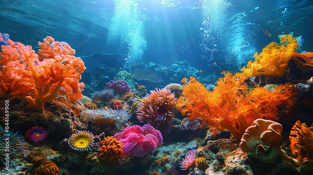 Obraz premium An enchanting underwater landscape with a coral reef and a variety of sponges, anemones, and sea fans, creating a rich tapestry of colors and textures. Dramatic Photo Style,