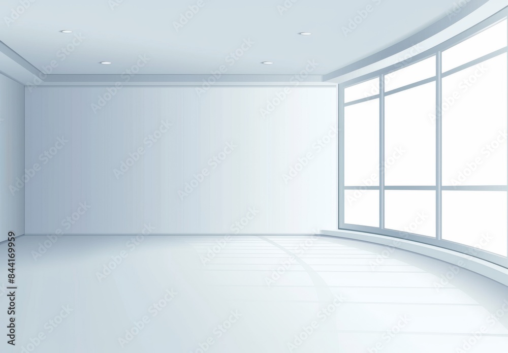 
Modern White Room with Curved Windows and Glossy Shades of Light Gray or Pale Blue