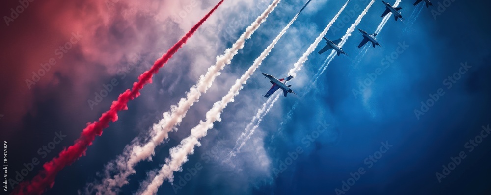 Group Of Fighter Jets Are Flying In Formation, American Independence. Group Of Fighter Jets Are Flying In Formation, American Independence.