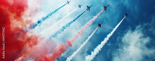 Group Of Fighter Jets Are Flying In Formation, American Independence. photo