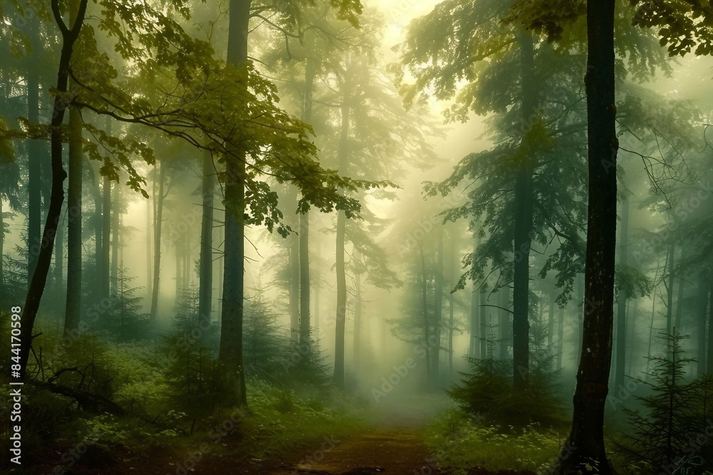 Fototapeta premium Panorama of foggy forest. Fairy tale spooky looking woods in a misty day. Cold foggy morning in horror forest. generative ai.