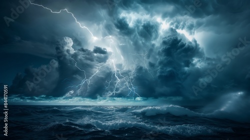 A dramatic thunderstorm over an open ocean  with lightning bolts illuminating the dark  turbulent waves and the heavy  ominous clouds above. 32k  full ultra hd  high resolution