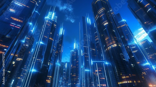 A futuristic cityscape at night, with towering skyscrapers illuminated by neon blue lights reflecting off the glass surfaces, set against a deep blue night sky. 32k, full ultra hd, high resolution