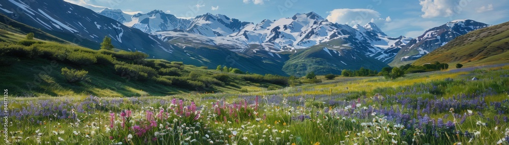 A beautiful mountain landscape with a large field of flowers A beautiful mountain landscape with a large field of flowers