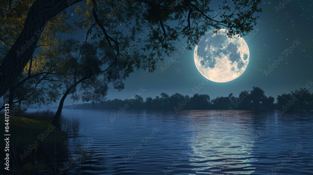 A large blue moon is shining on the water A large blue moon is shining on the water