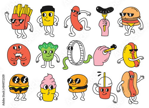 Groovy Cartoon Collection of Junk Food - Retro Style Illustrations with Cheerful Characters