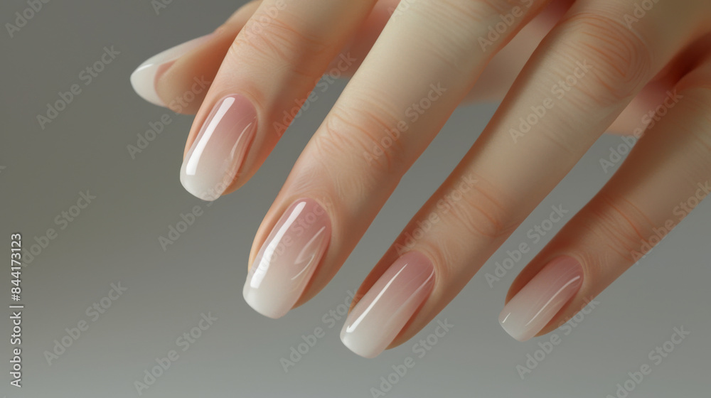 Close-up of a female hand displaying an elegant French manicure with long, neatly polished nails. Close-up of a female hand displaying an elegant French manicure with long, neatly polished nails.