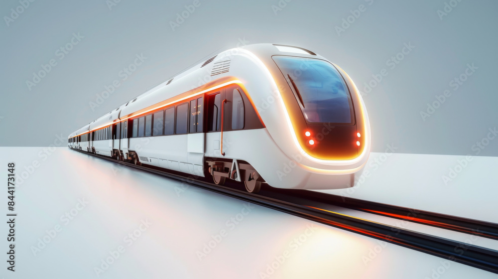 Image of a modern, streamlined train moving at high speed on tracks, illuminated with soft white lights in a futuristic design. Image of a modern, streamlined train moving at high speed on tracks, illuminated with soft white lights in a futuristic design.