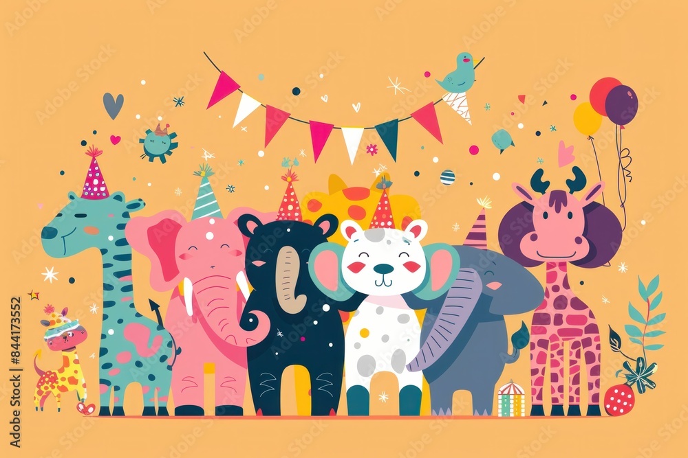Naklejka premium Celebration with a group of animals standing in front of birthday cake with balloons and streamers