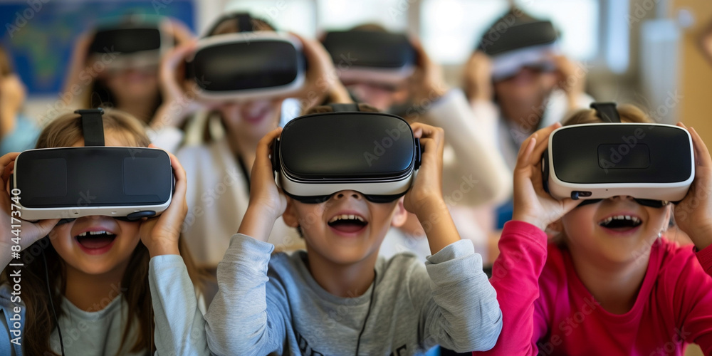 children in classroom wearing vr headset, using virtual reality to learn 