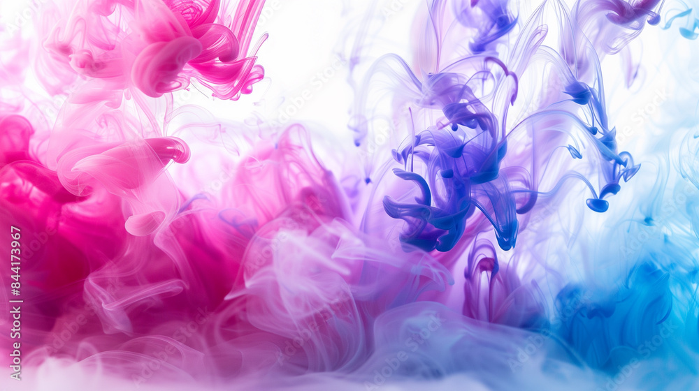 Obraz premium Pink and purple ink spreading in water, white background.