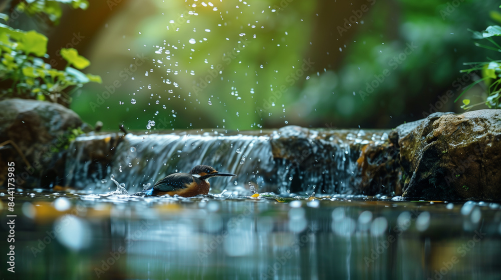 Fototapeta premium A kingfisher splashes in a pond by a waterfall.