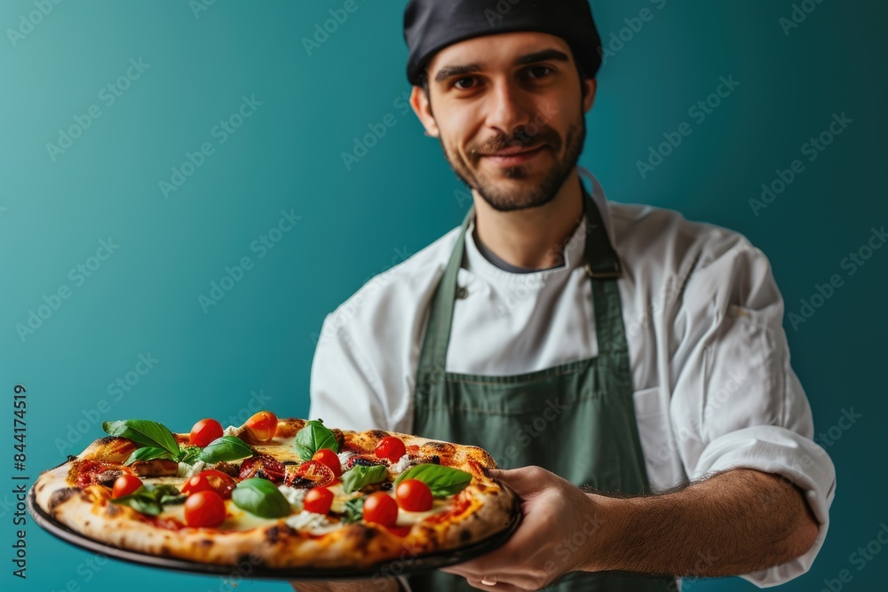 Authentic Delight: An Italian Pizzaiolo Presents a Fresh Hot Pizza, Just Out of the Oven, Highlighting Traditional Italian Culinary Craft. Green Background. Authentic Delight: An Italian Pizzaiolo Presents a Fresh Hot Pizza, Just Out of the Oven, Highlighting Traditional Italian Culinary Craft. Green Background.