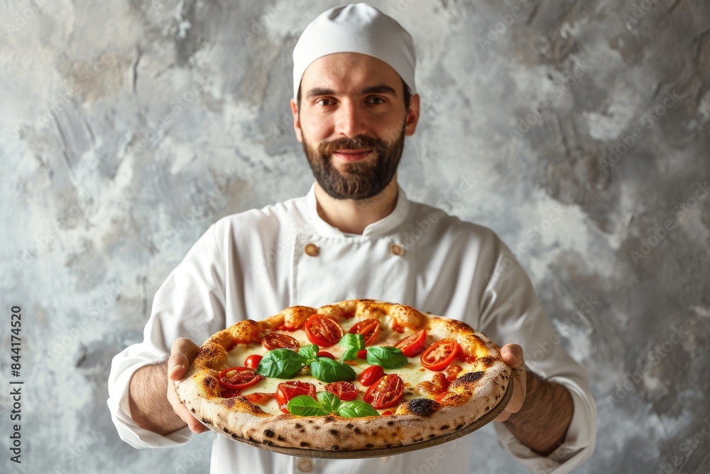 Authentic Delight: An Italian Pizzaiolo Presents a Fresh Hot Pizza, Just Out of the Oven, Highlighting Traditional Italian Culinary Craft. Grey Background. Authentic Delight: An Italian Pizzaiolo Presents a Fresh Hot Pizza, Just Out of the Oven, Highlighting Traditional Italian Culinary Craft. Grey Background.