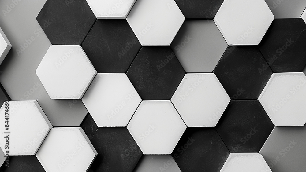 Modern 3D Hexagonal Tile Pattern in Monochrome Black, White, and Gray Shades Modern 3D Hexagonal Tile Pattern in Monochrome Black, White, and Gray Shades