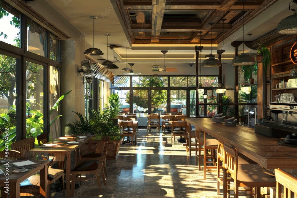 Elegant interior design of a restaurant in spring city center for a pleasant dining experience Elegant interior design of a restaurant in spring city center for a pleasant dining experience