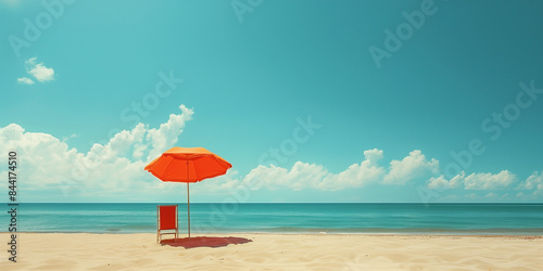 minimalist summer photo of an umbrella with chair on a beach