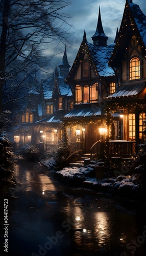 Houses at night in winter, with reflection in the water. © Iman