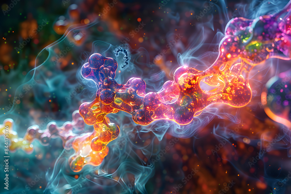 An electric blue molecule reacts with a purple gas in a computergenerated image, creating a colorful organism in a world of art and font. Heat and space play key roles in this unique chemical event An electric blue molecule reacts with a purple gas in a computergenerated image, creating a colorful organism in a world of art and font. Heat and space play key roles in this unique chemical event