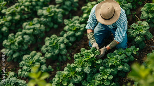 Sustainable farming practices in action, lush green fields, eco-friendly methods, farmer working with plants, organic cultivation
