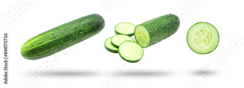 Flying cucumber has water drop with slices collection isolated  on white background.